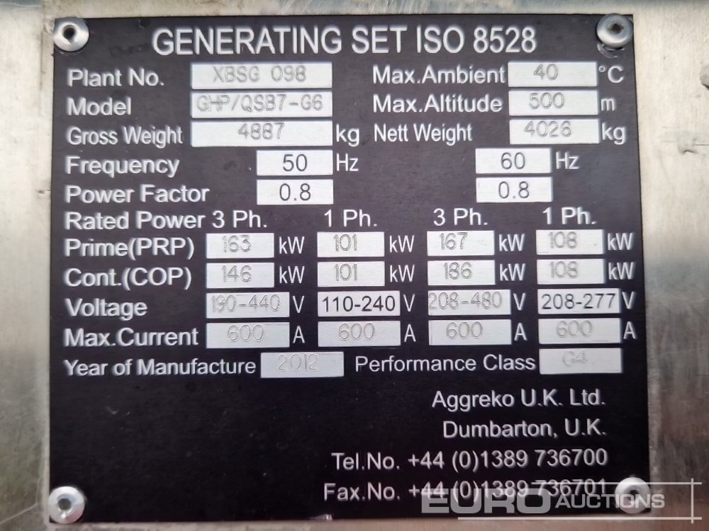 Elektrikli jeneratör 2012 Aggreko 210kVA: fotoğraf 18